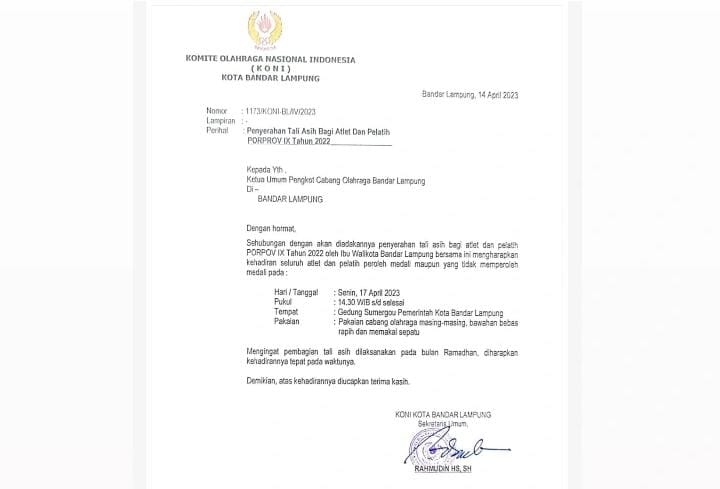 Walikota Eva Dwiana Akan Memberikan Tali Asih kepada Atlet dan Pelatih Porprov IX 